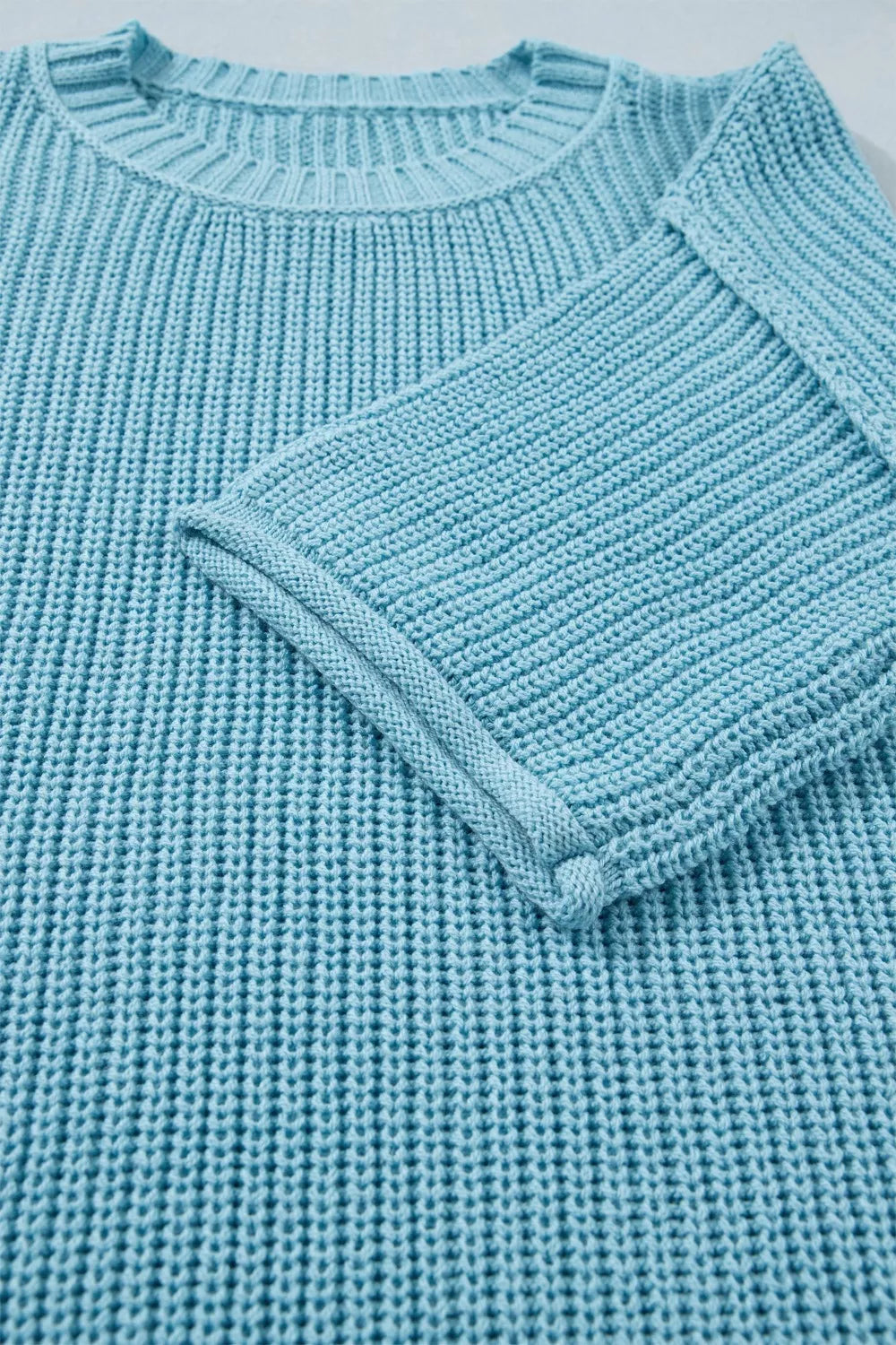 Boxy ribbed knit half-sleeve crew neck sweater