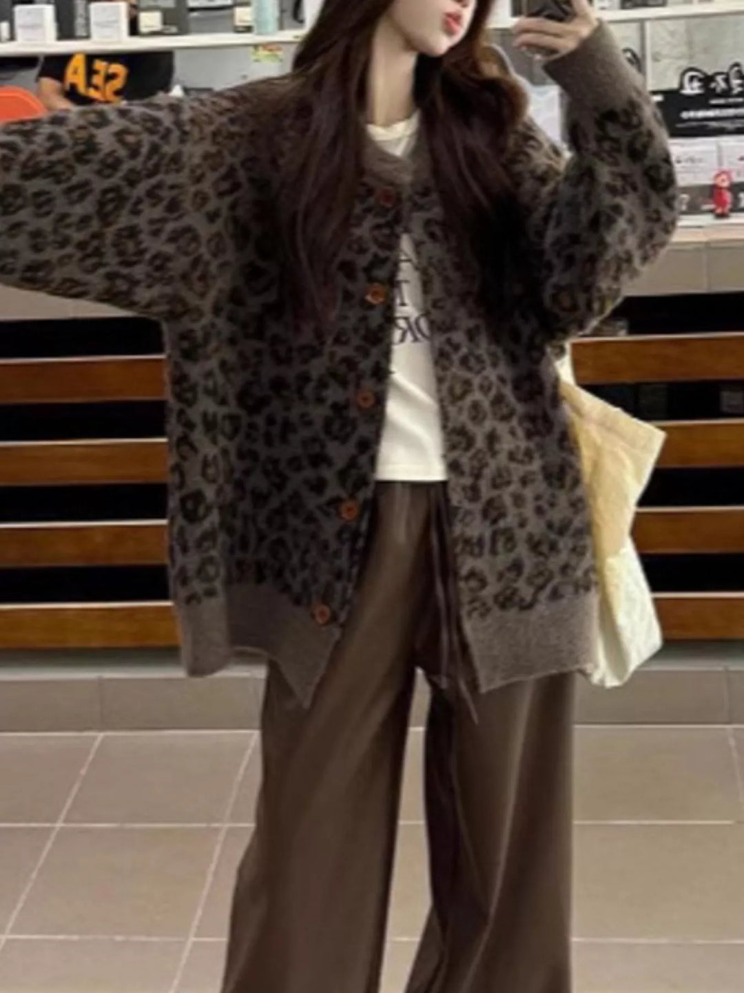 Leopard Oversized leopard print button-up knit cardigan