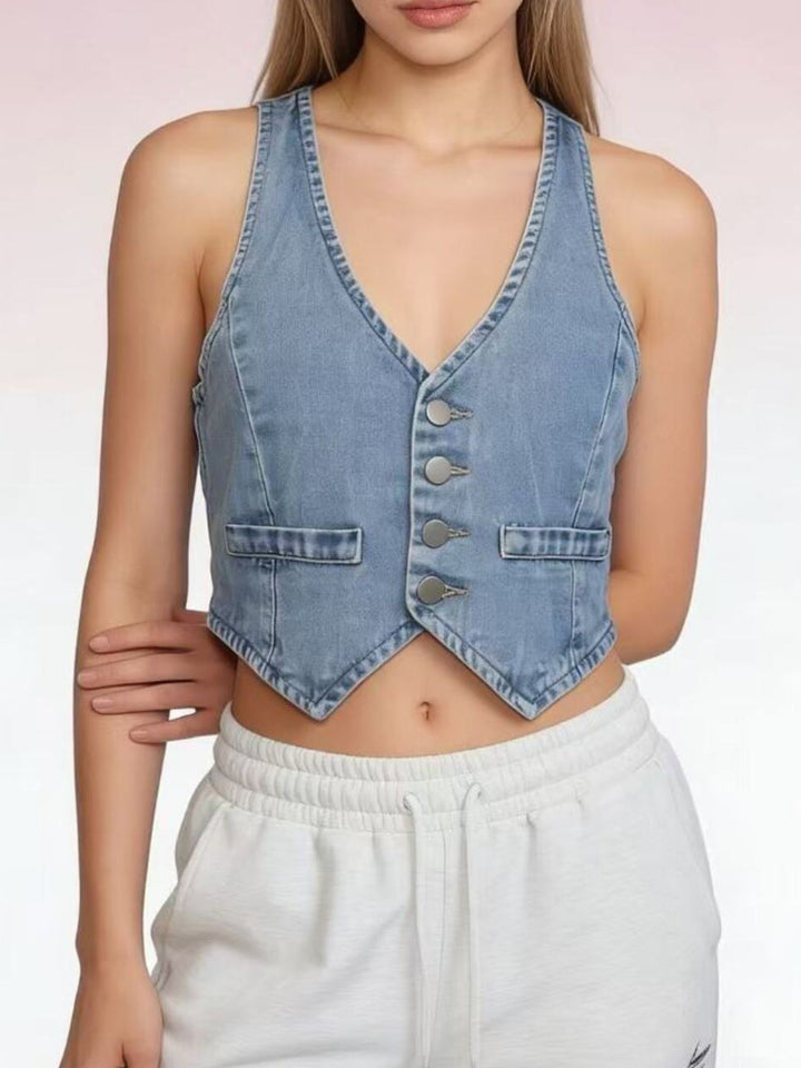 Cropped button-front denim vest with V-neck