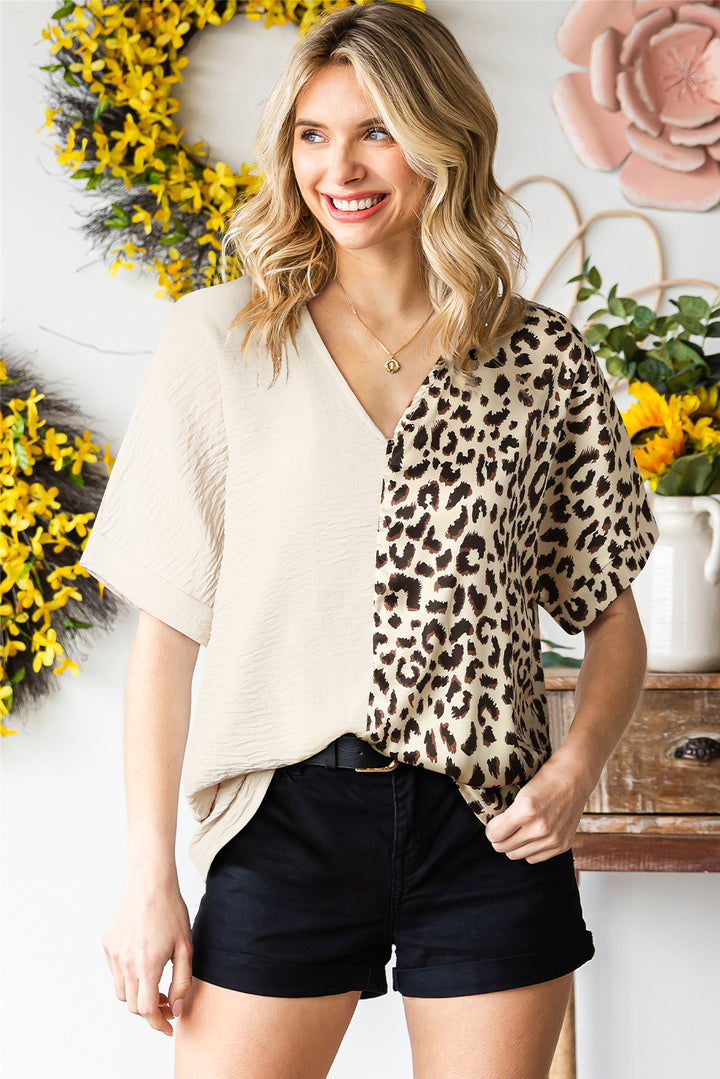 Leopard color block short-sleeve V-neck blouse