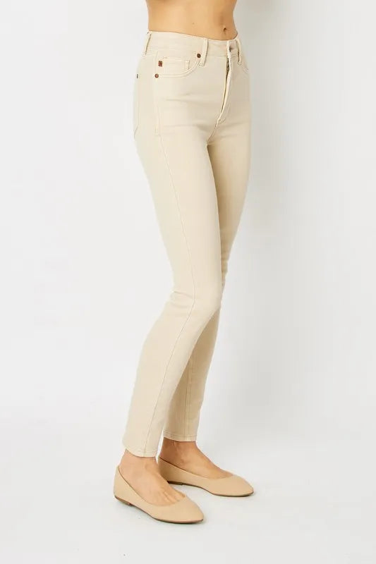 Garment-dyed tummy control high-rise skinny jeans
