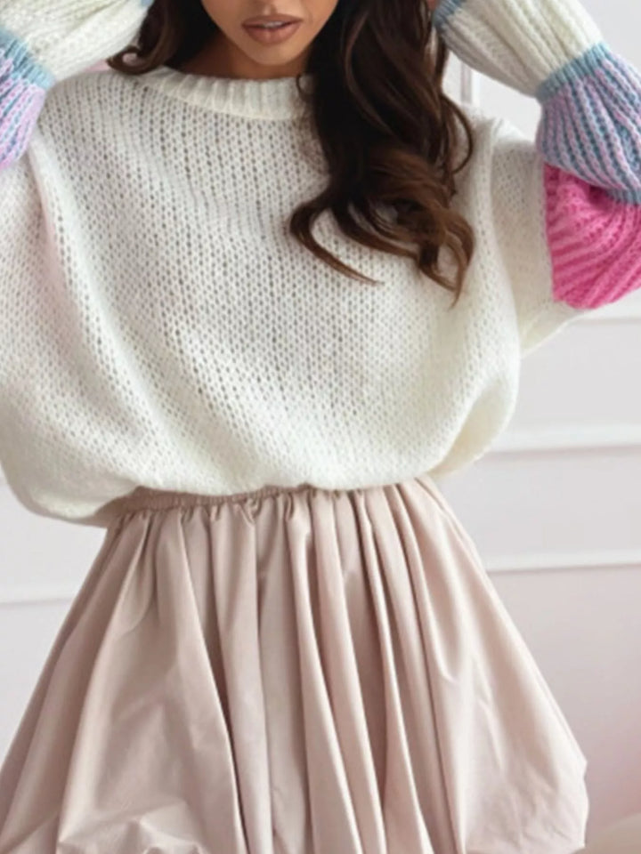 Color-block open-knit crew neck pullover sweater