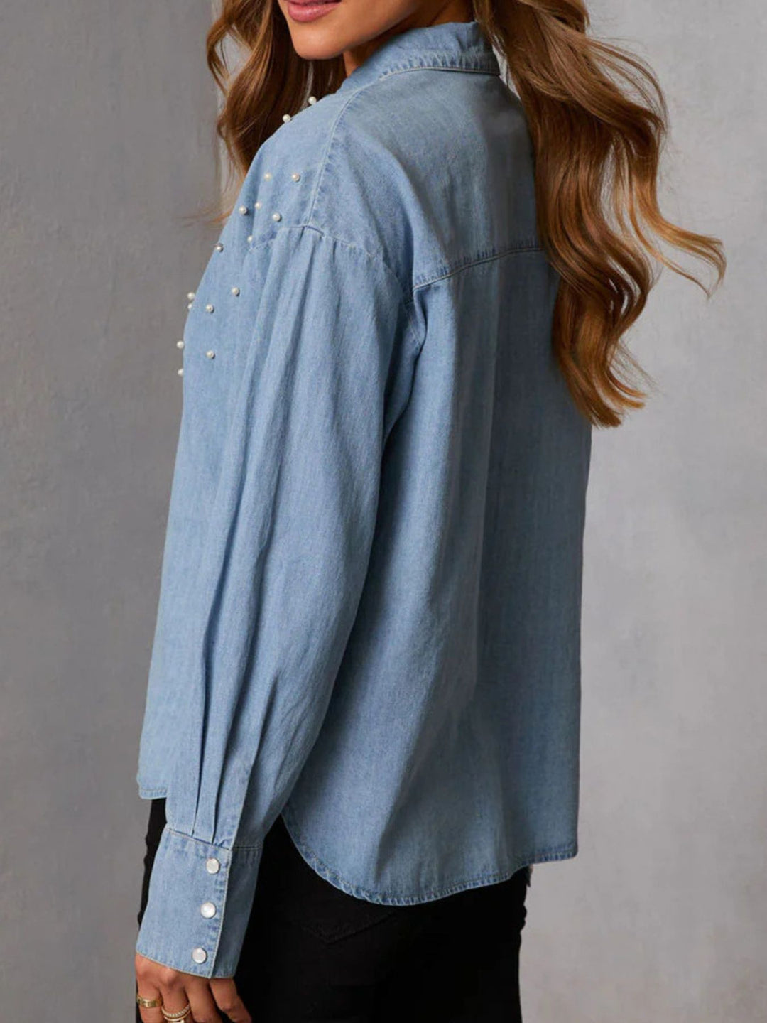 Pearl embellished button-up denim shirt with long sleeves