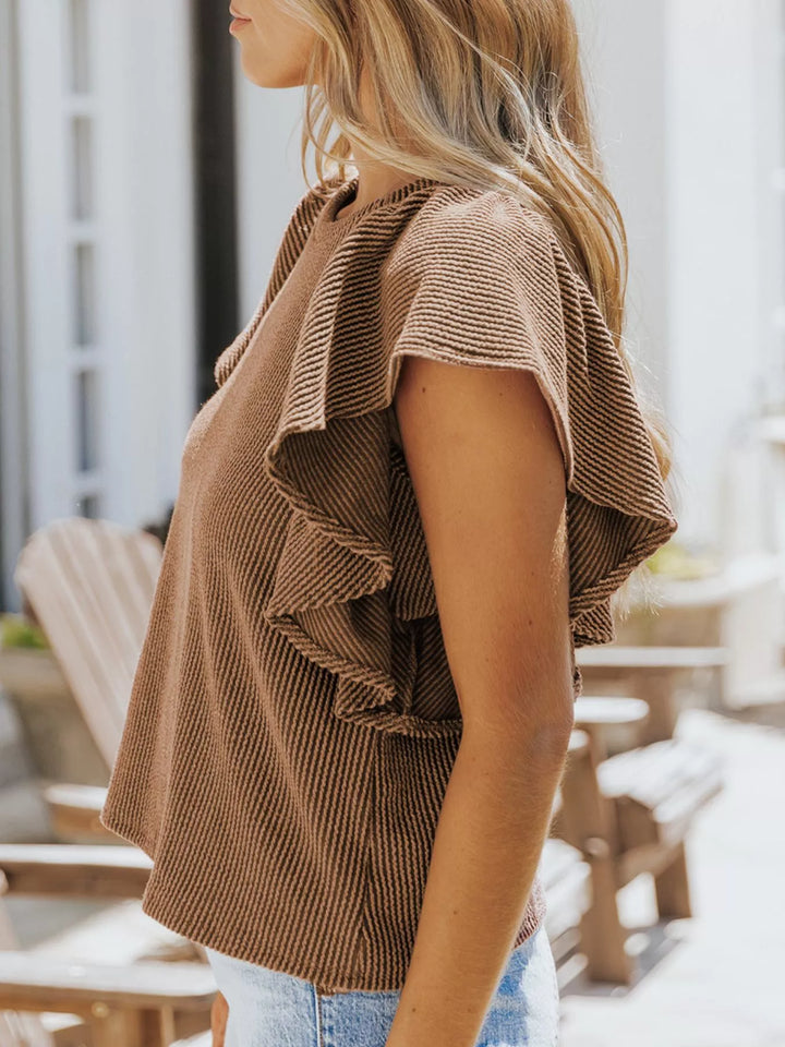 Ribbed knit top with ruffled cap sleeves