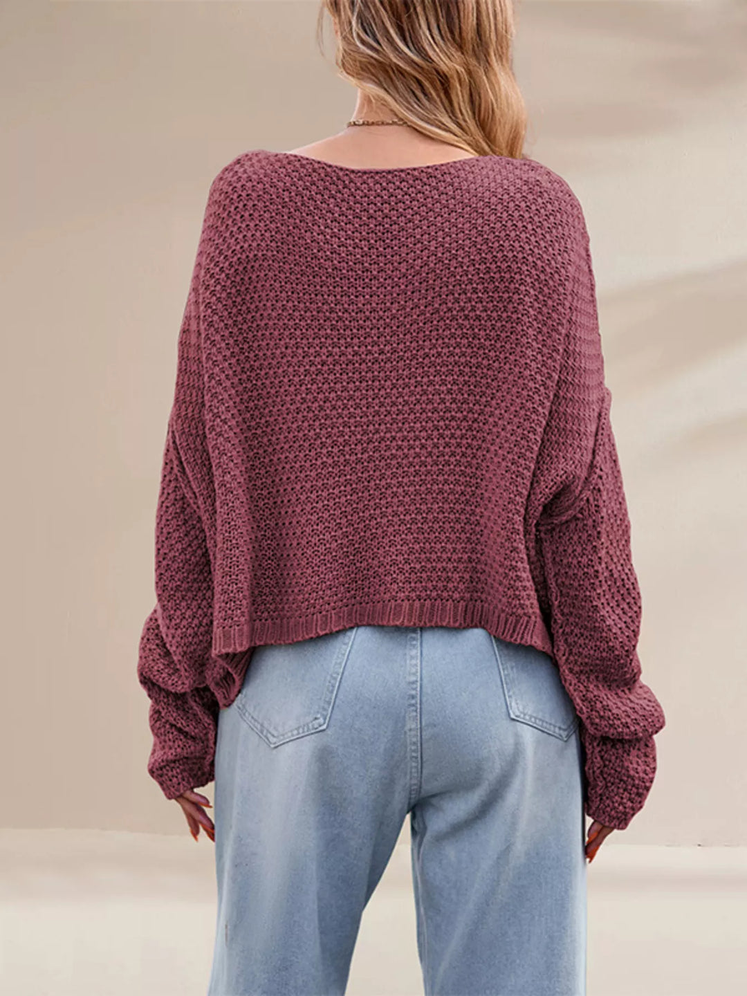 Cable knit drop shoulder sweater with boat neck