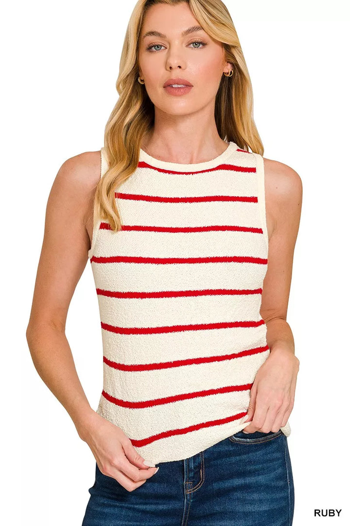 RUBY Striped sweater knit tank top with round neck