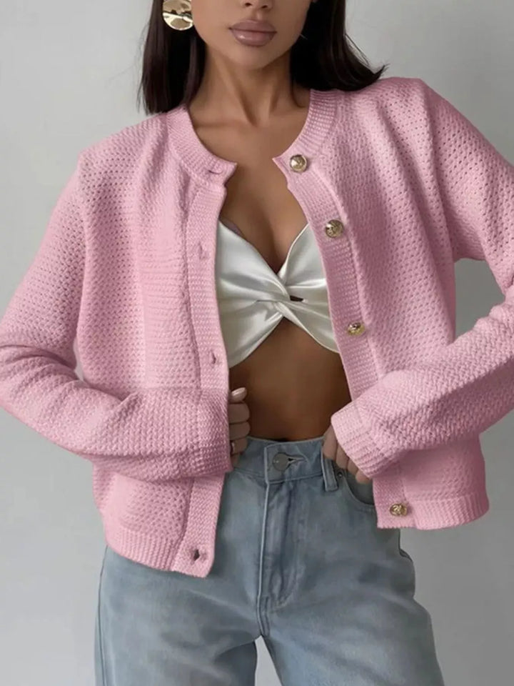 Blush Pink Textured waffle-knit button-up cardigan with gold buttons