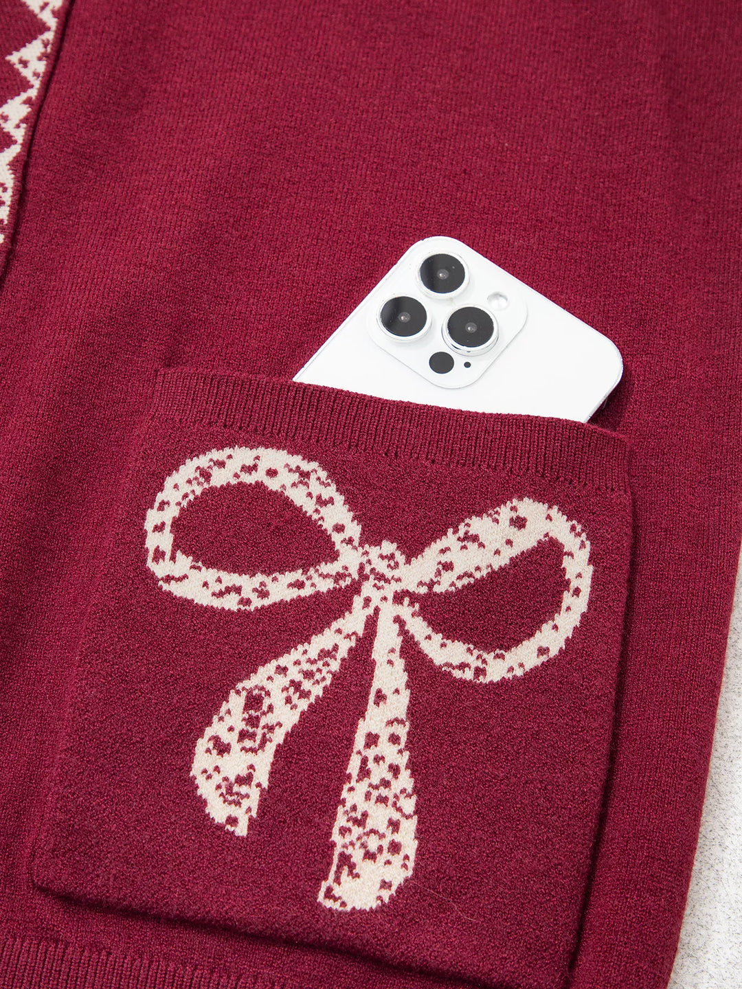 Lace trim bow pocket knit button-down cardigan