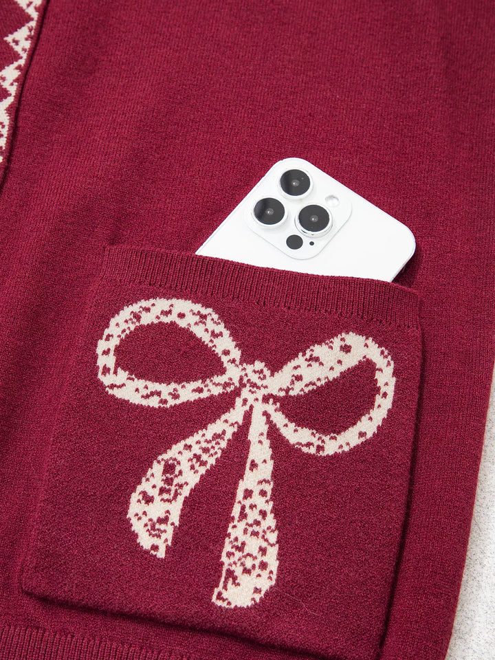 Lace trim bow pocket knit button-down cardigan