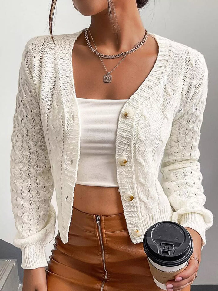 Milky White Cropped cable knit button-front cardigan with pointelle sleeves