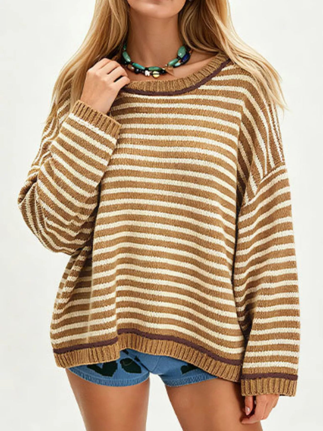 Khaki Oversized striped drop-shoulder sweater with ribbed trim