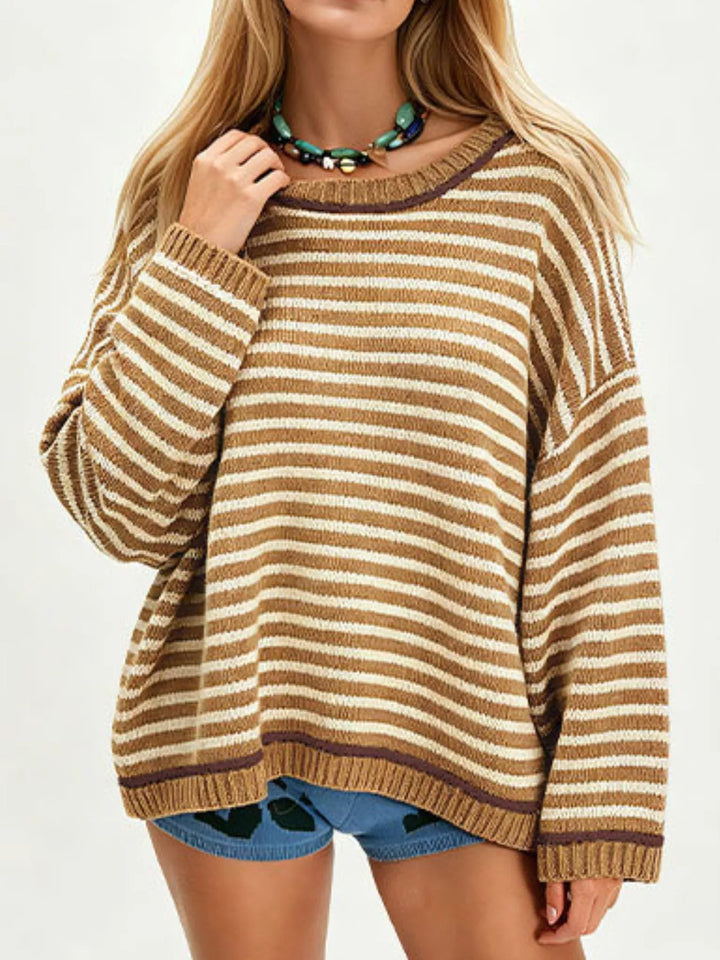 Khaki Oversized striped drop-shoulder sweater with ribbed trim
