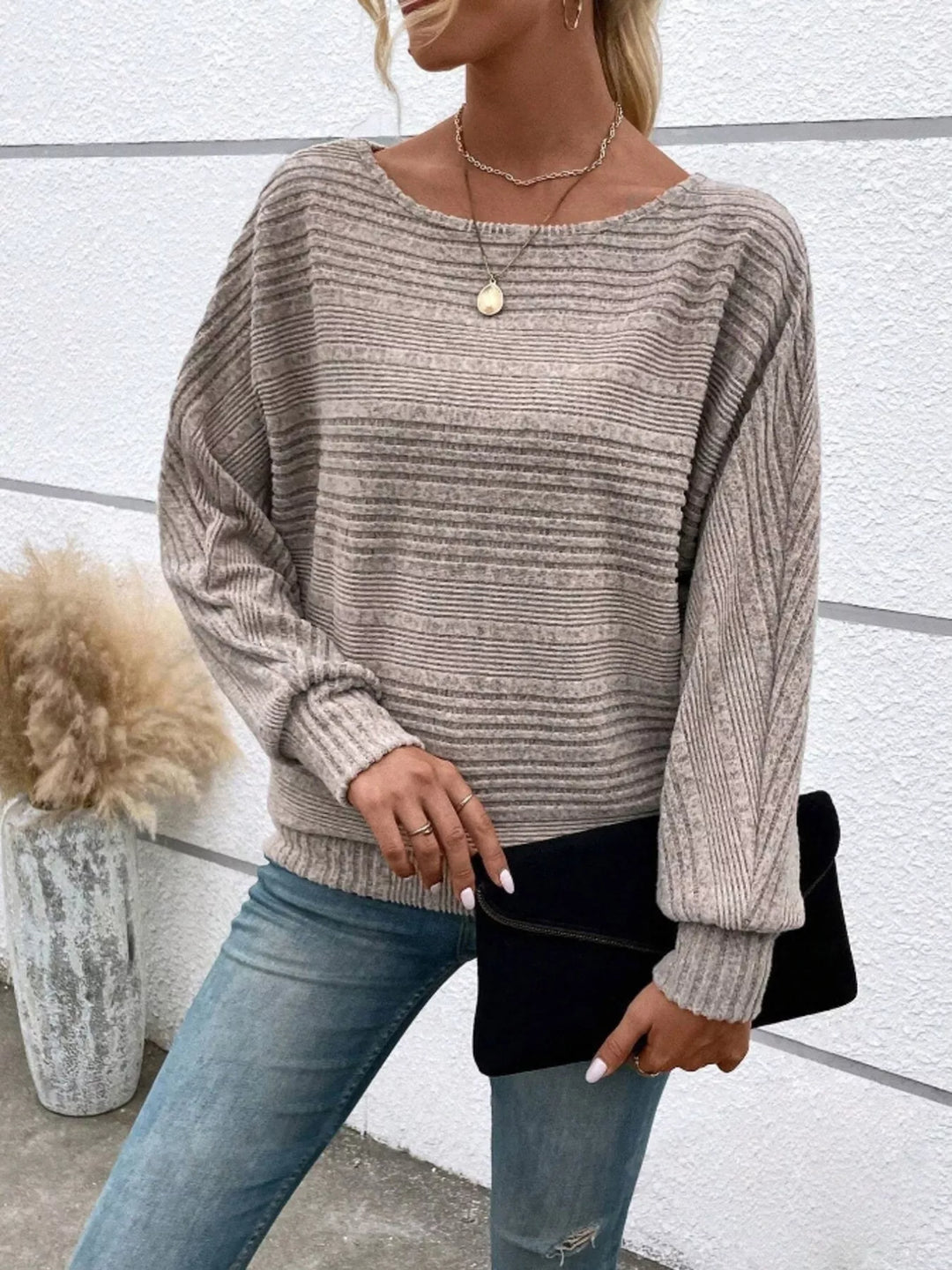 Ribbed knit long sleeve top with dolman sleeves