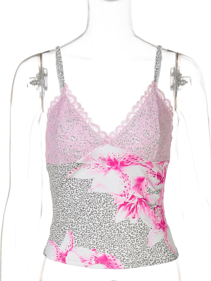 Lace trim ruched cami with leopard print and bow