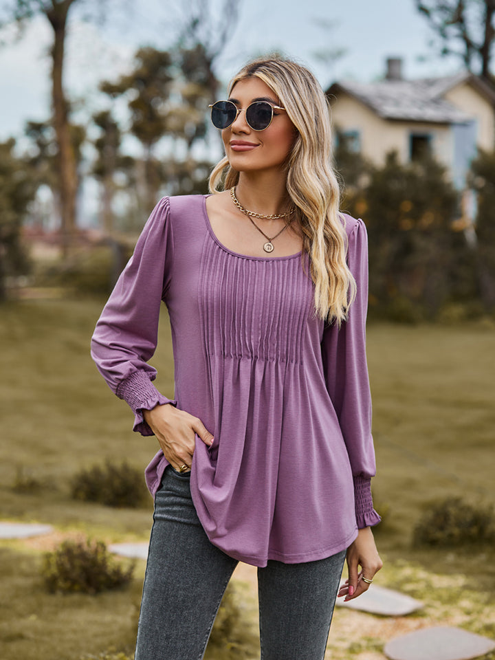 Dusty Purple Pintuck pleated puff sleeve blouse with smocked cuffs