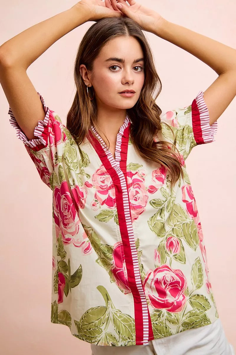 Coral Floral rose cotton blouse with contrast trim and ruffle cuffs