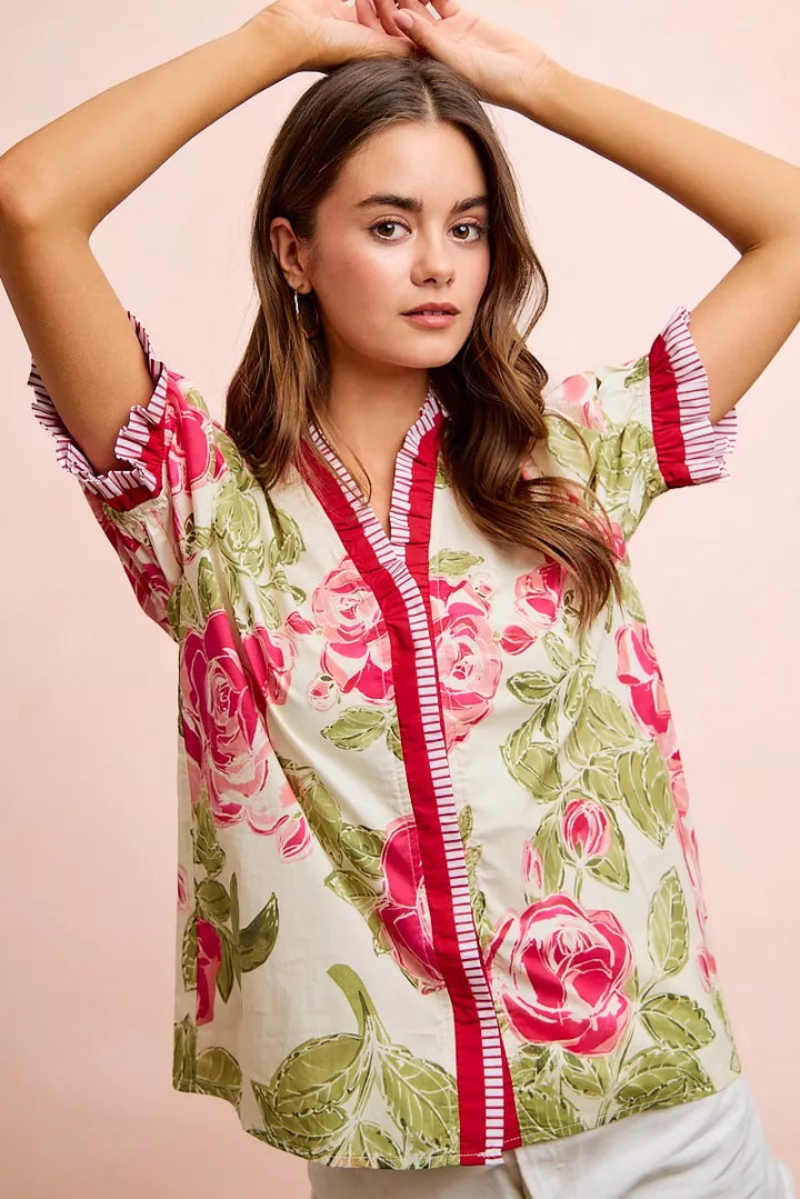 Coral Floral rose cotton blouse with contrast trim and ruffle cuffs