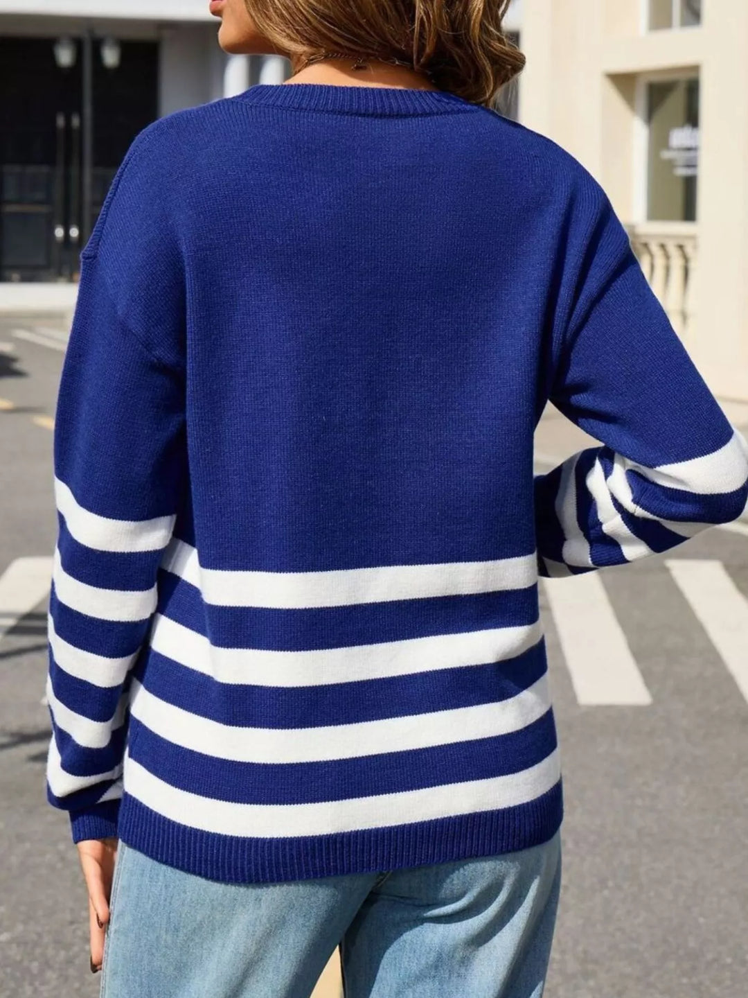 Striped ribbed knit crew neck pullover sweater