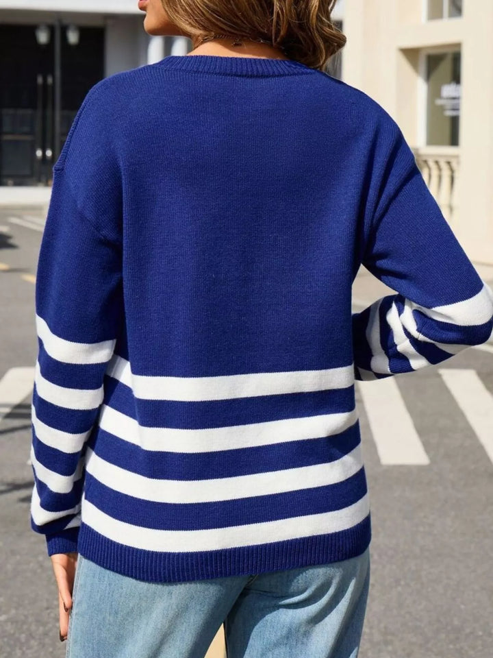 Striped ribbed knit crew neck pullover sweater