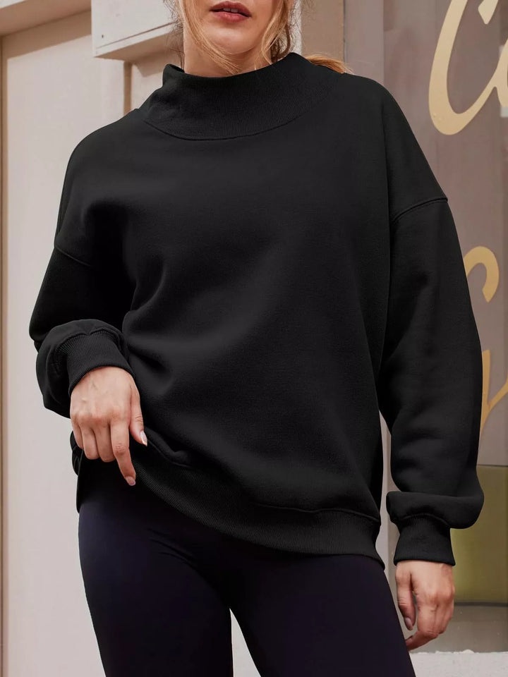 Black Mock neck dropped shoulder fleece sweatshirt