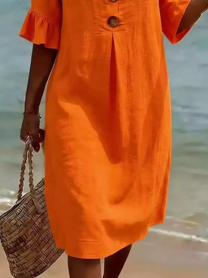 Flounce sleeve button-front pleated midi dress