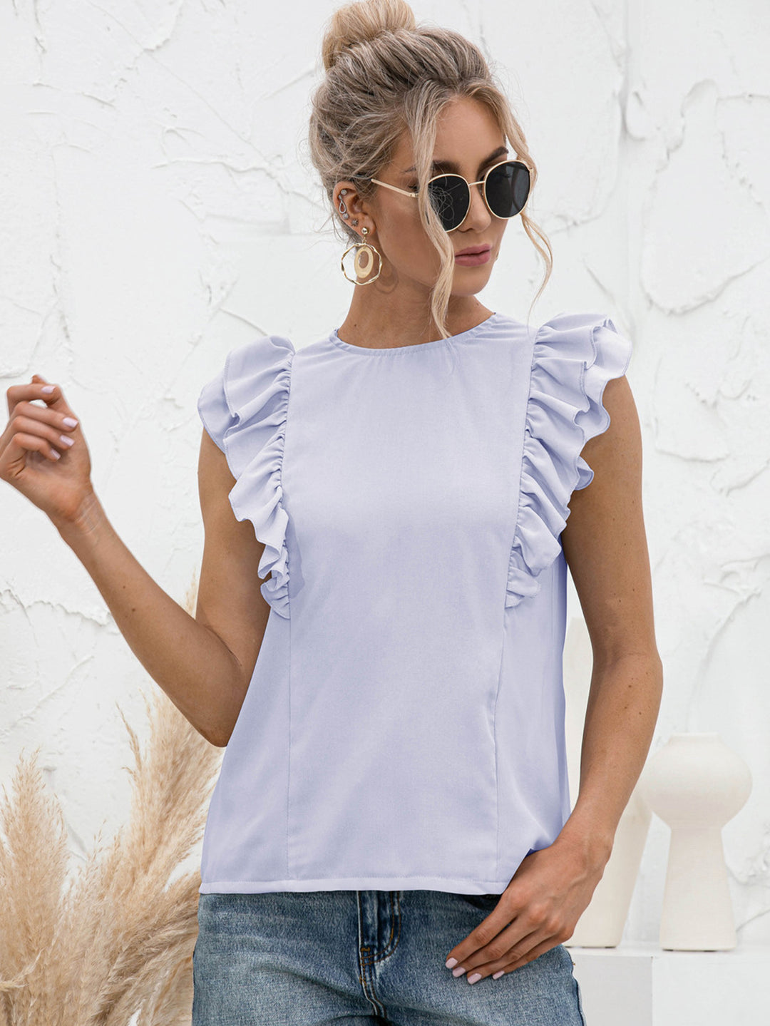 Ruffle flutter sleeve top with tied open back