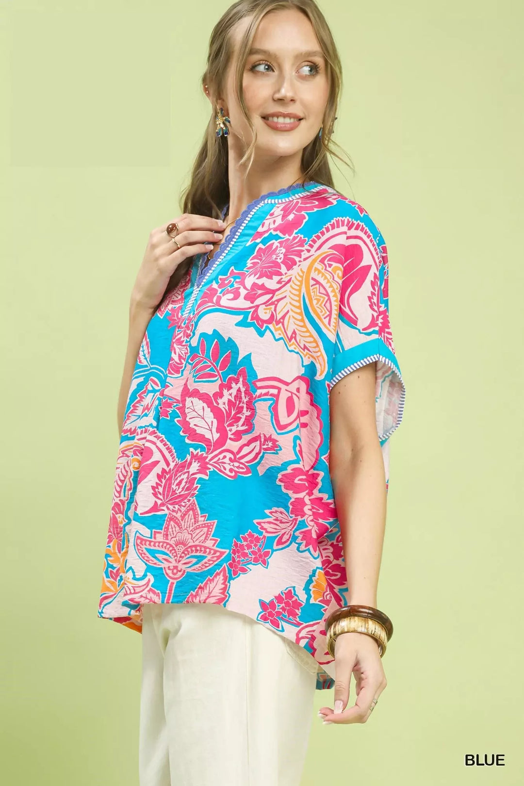Abstract floral print oversized split-neck top