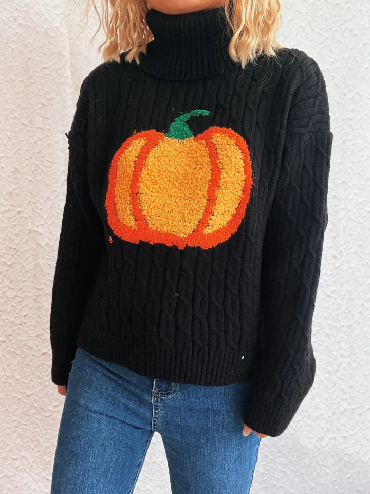 Pumpkin applique cable knit turtleneck sweater