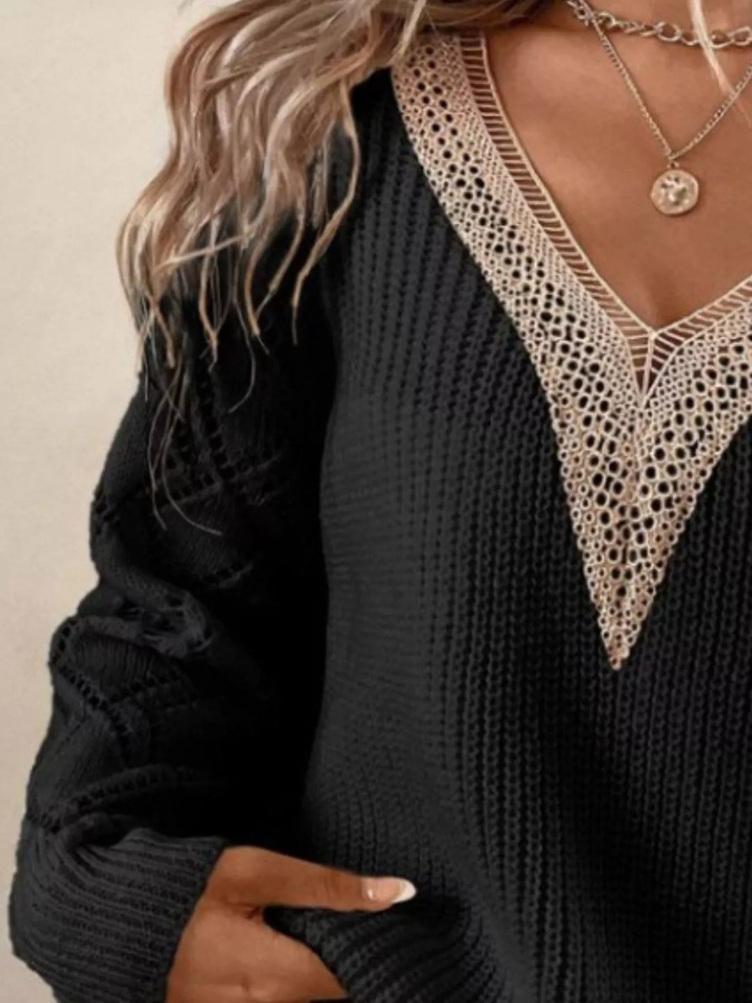 Openwork knit sweater with lace V-neck and diamond sleeves