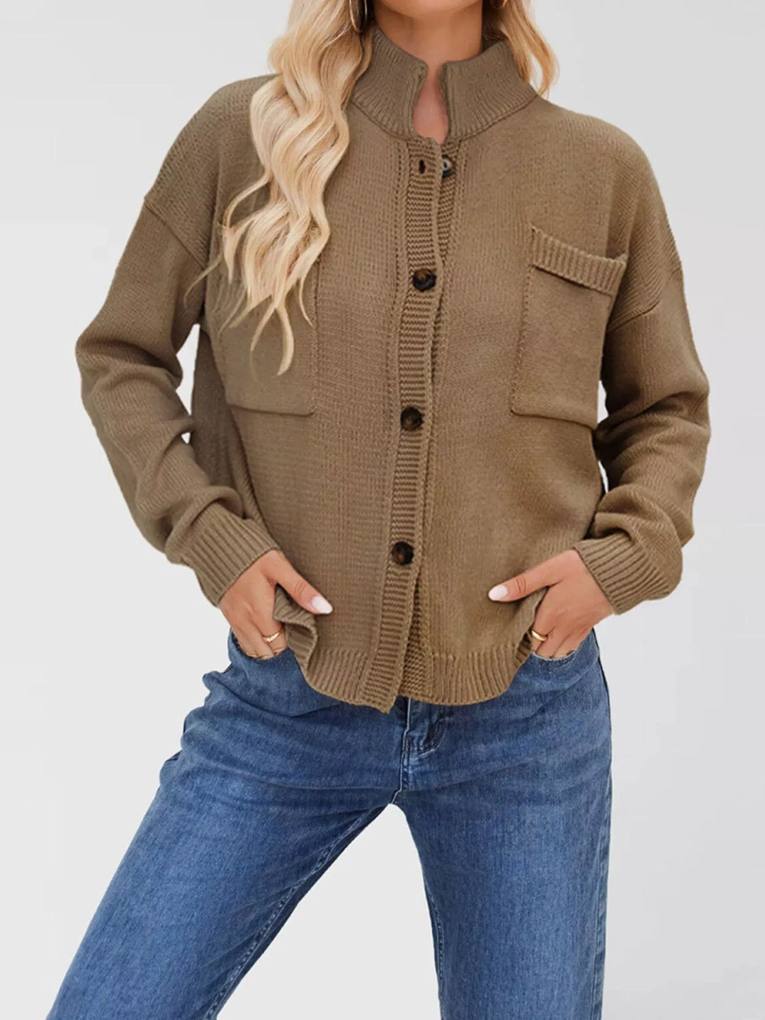 Khaki Dropped shoulder button-up knit cardigan with chest pocket
