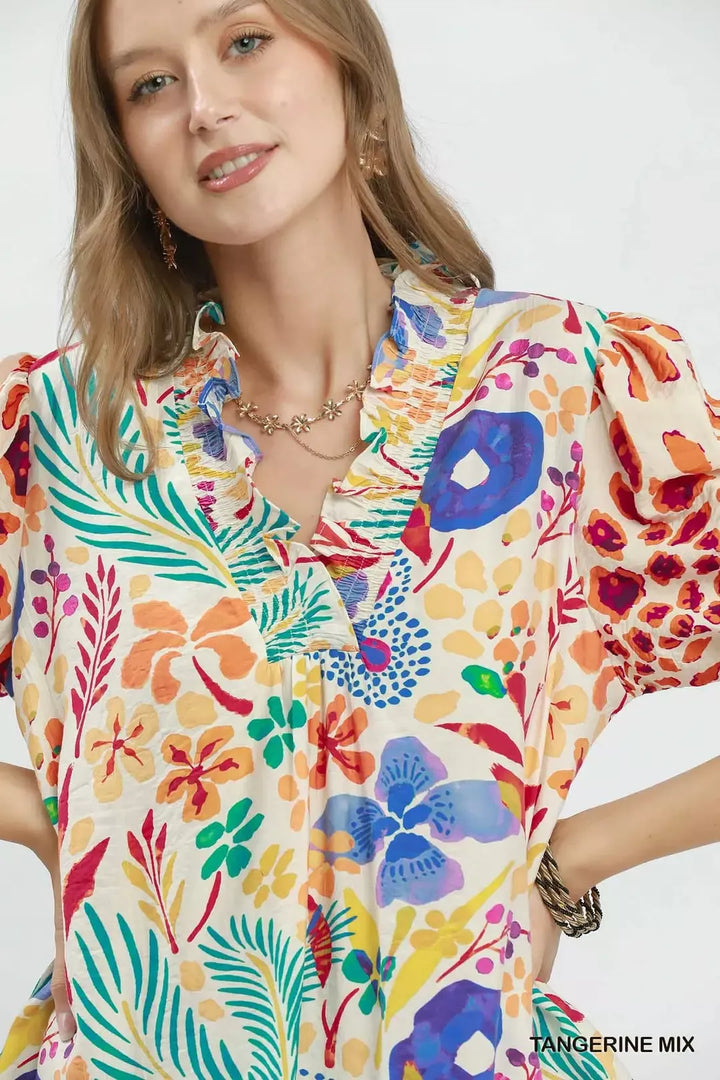 Floral print V-neck puff sleeve blouse with ruffle trim