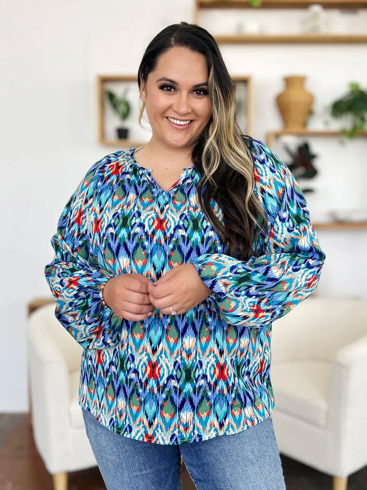 Abstract print balloon sleeve blouse with split neck