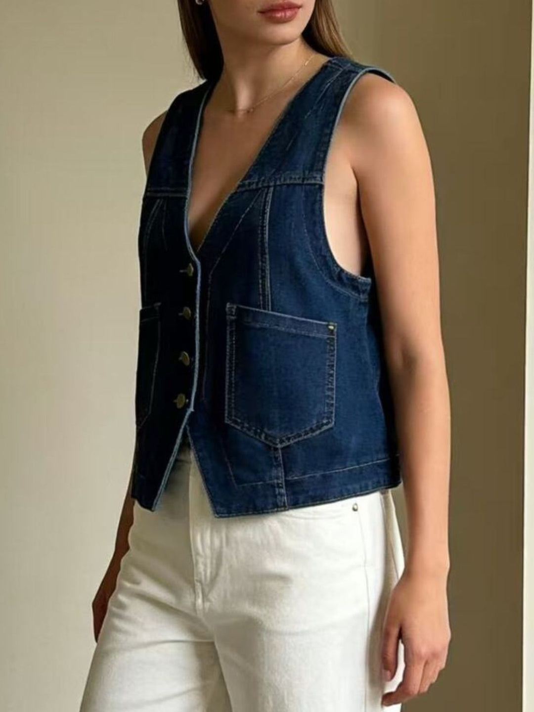 Button-down denim vest with patch pockets