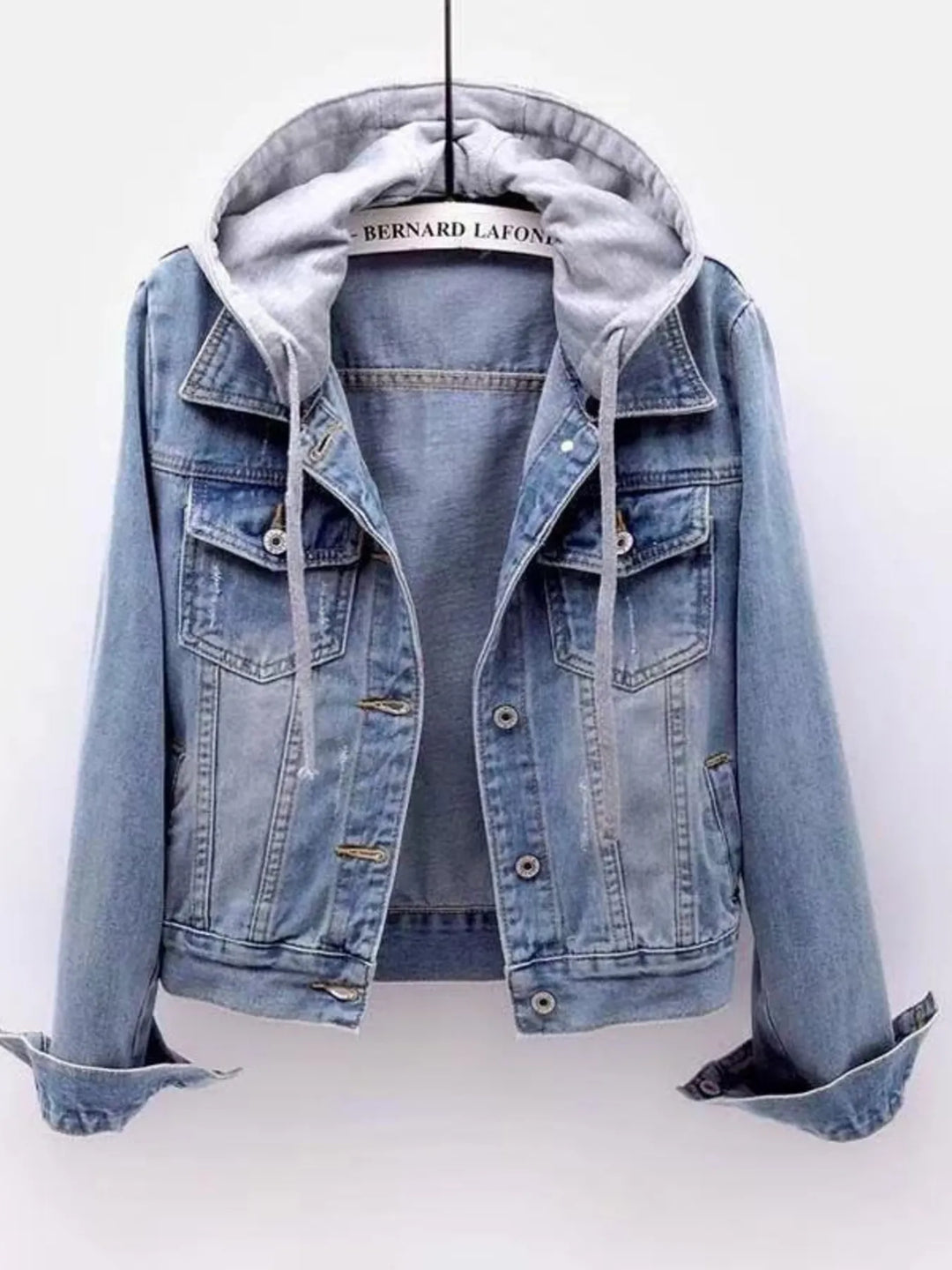 Hooded denim jacket with button-up front and drawstring