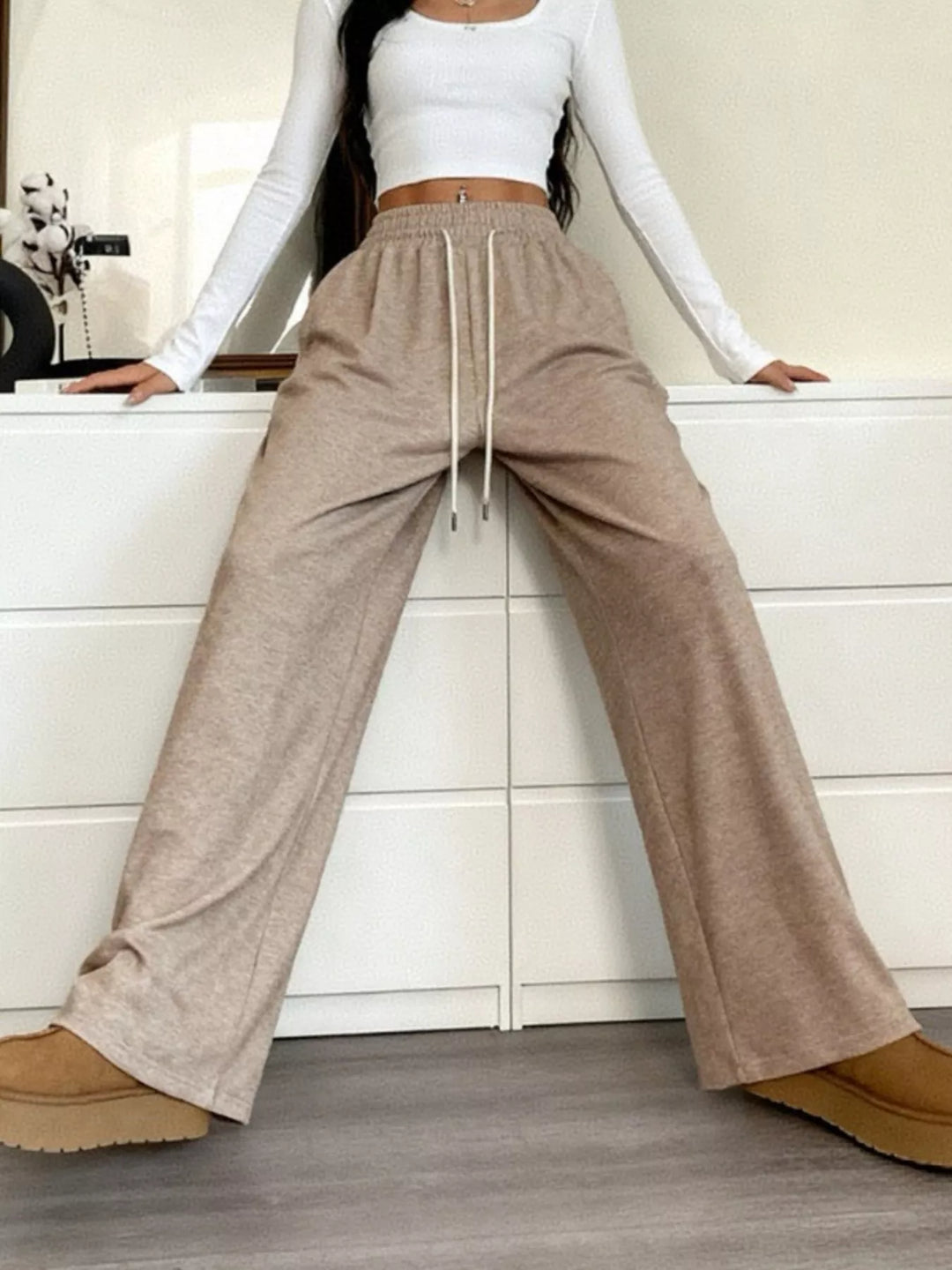Khaki Drawstring high-waist wide-leg cotton pants