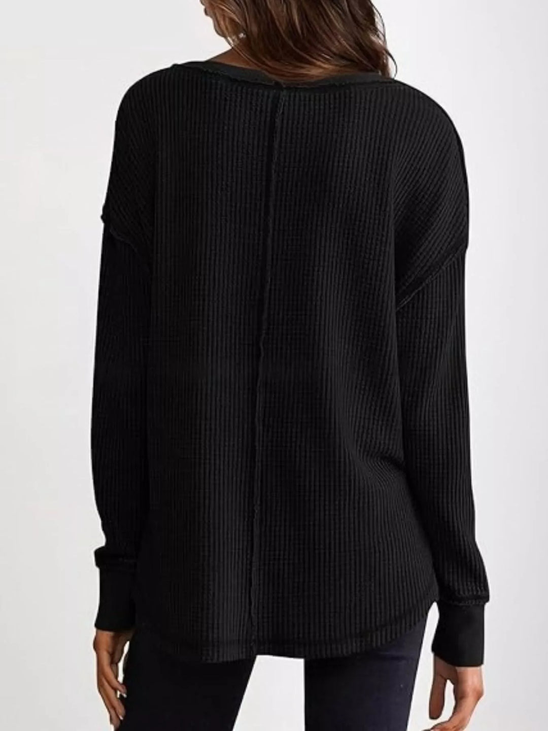 Waffle knit notched neck long sleeve tunic top