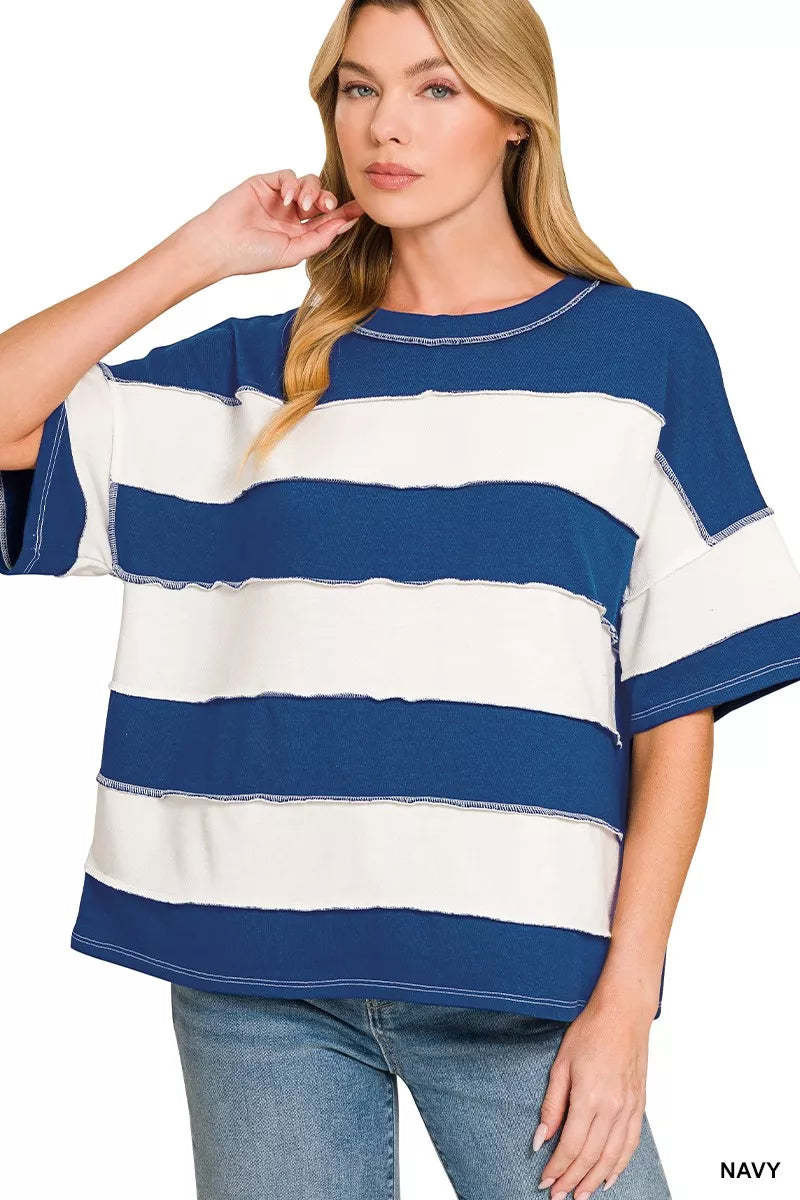 NAVY Wide-stripe French terry top with exposed seams and drop shoulders