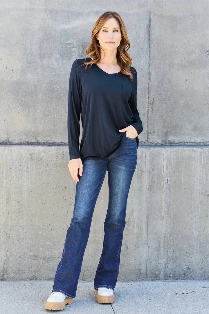 V-neck long sleeve top with chest pocket