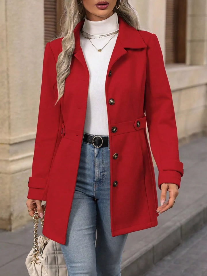 Red Single-breasted lapel coat with waist tabs and pockets