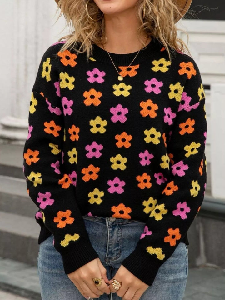 Retro daisy floral crew neck knit sweater