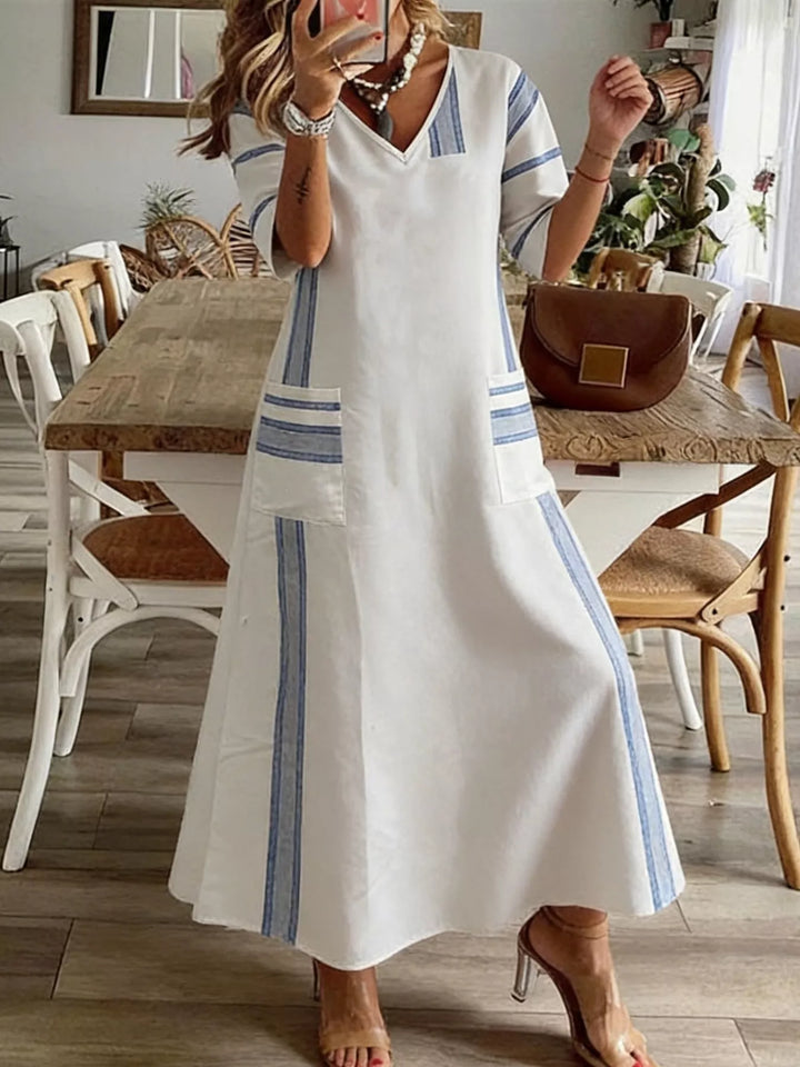 White Striped V-neck maxi dress with patch pockets