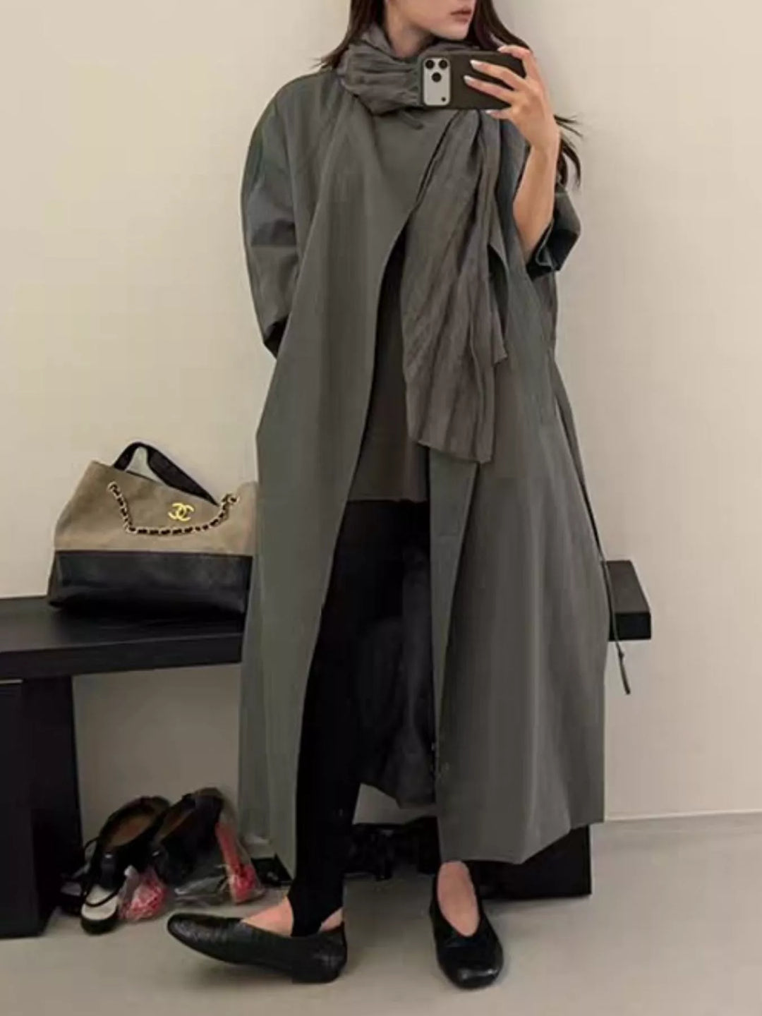 Drawstring open front longline trench coat