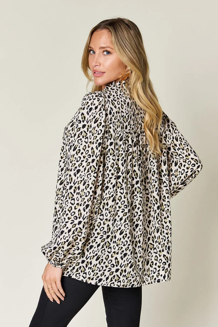 Leopard print button-front long sleeve tunic blouse