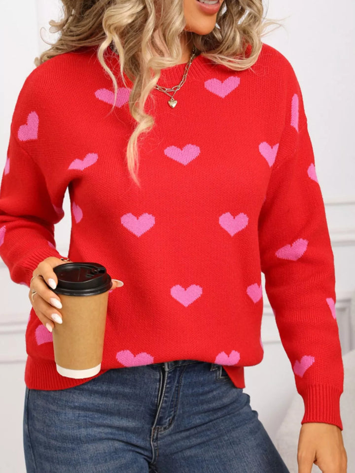 Heart pattern dropped shoulder crew neck sweater