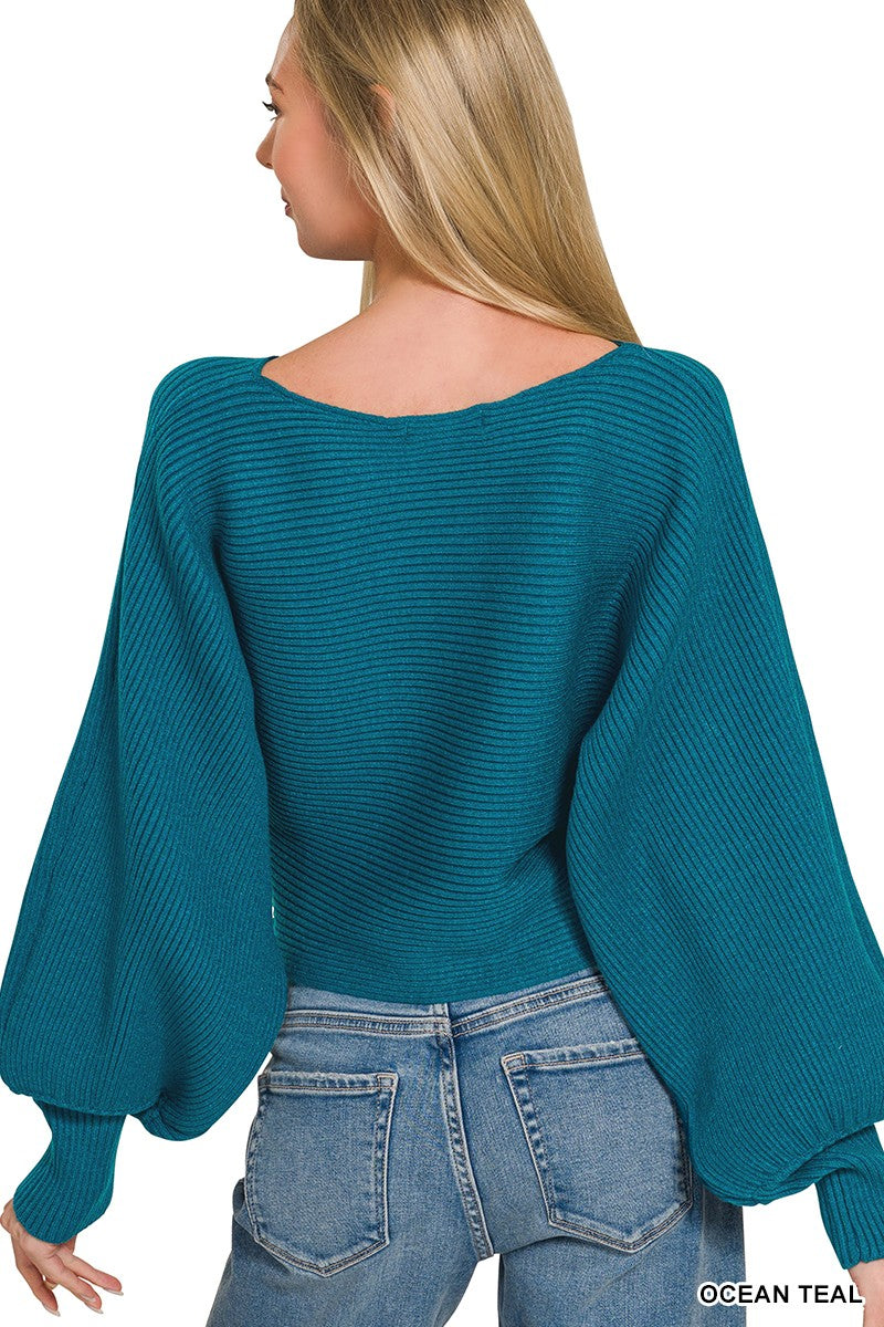 Ribbed knit boat neck sweater with balloon sleeves