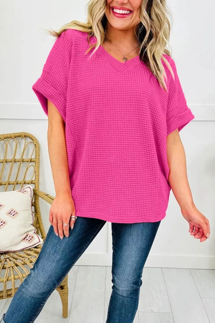 Waffle knit V-neck tee with cuffed short sleeves