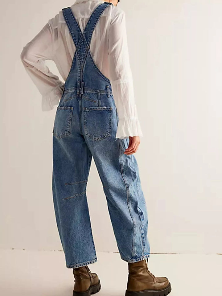 Wide-leg cotton denim overalls with adjustable straps