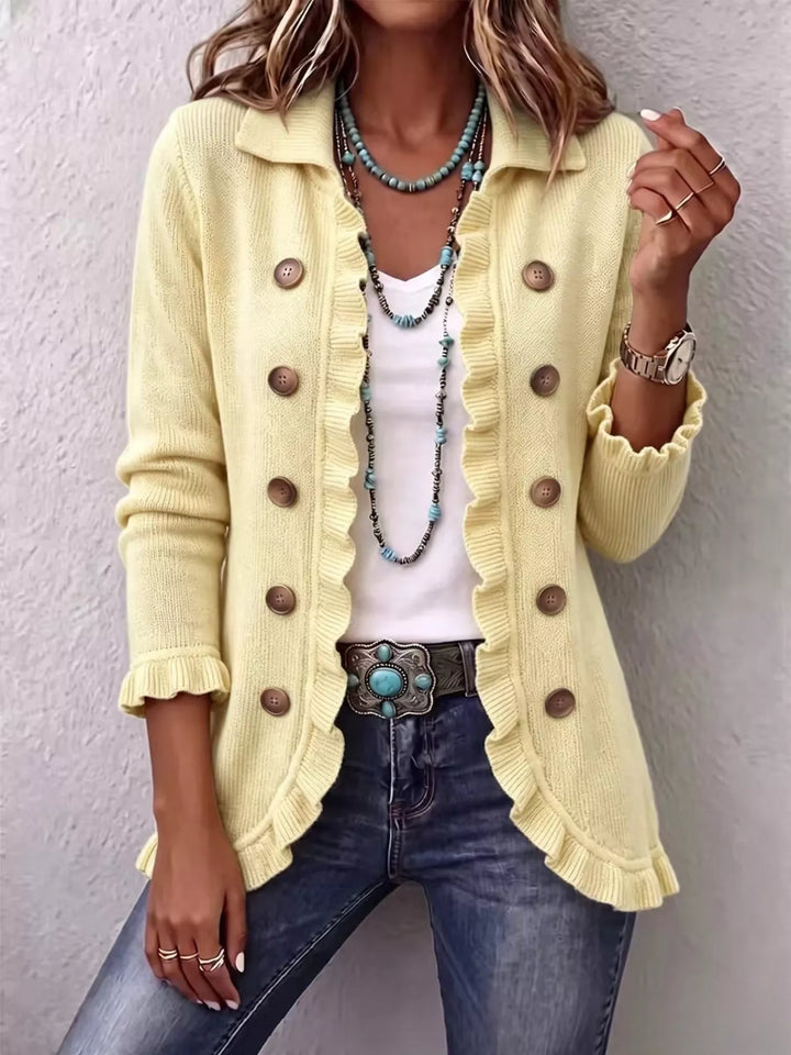 Yellow Ruffle trim knit cardigan with collar and decorative buttons