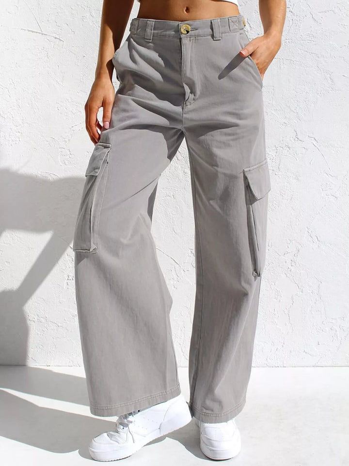 Light Gray High-rise wide-leg cargo jeans with flap pockets