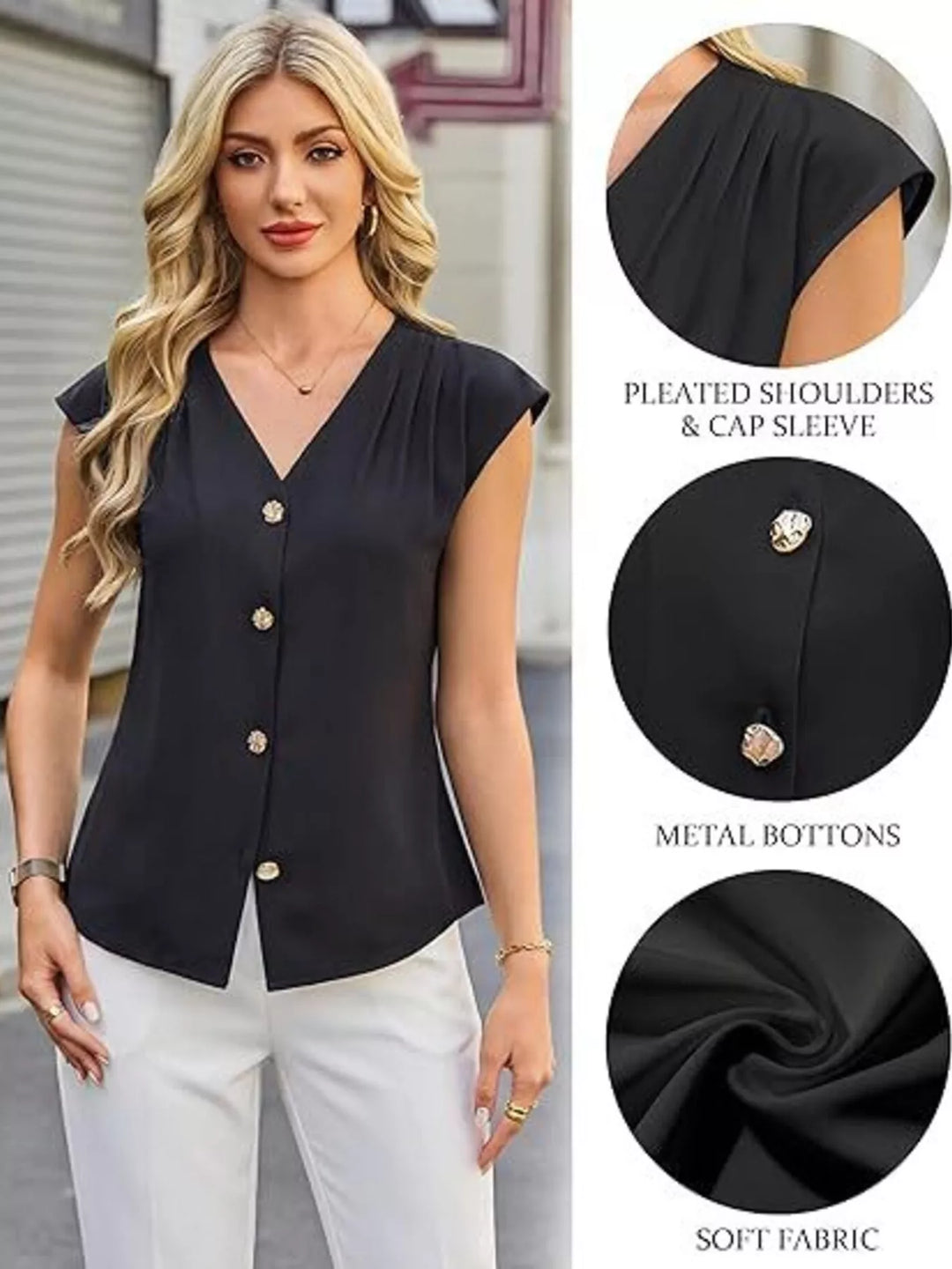 V-neck cap sleeve button-front blouse with pleated shoulders